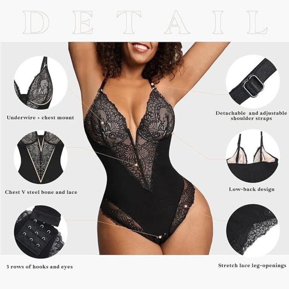Popilush Lace Shapewear Bodysuit Thong Tummy Control Backless BLACK XL - Picture 4 of 6